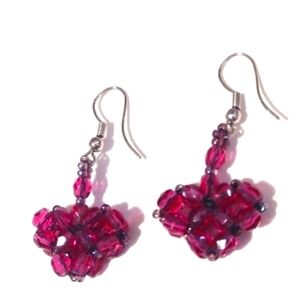 VINTAGE DARK PINK AND BLUE SPARKLING CRYSTAL SILVER-TONE DROP HOOK 2" EARRINGS